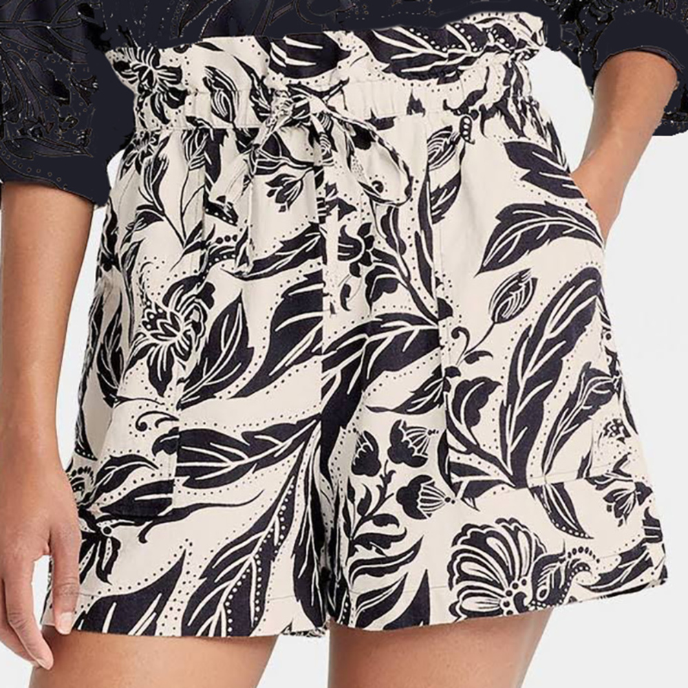 WHO WHAT WEAR Linen Paperbag Shorts, Cream with Black Floral Print